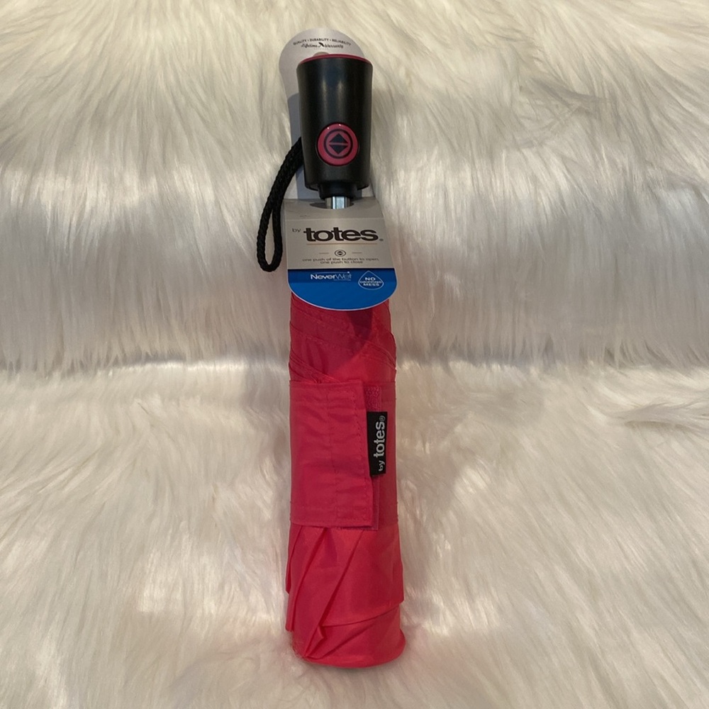 ☔️TOTES 43” Pink Umbrella, Velcro Close, “Never Wet” Tech, 1-Push Open+Close NWT